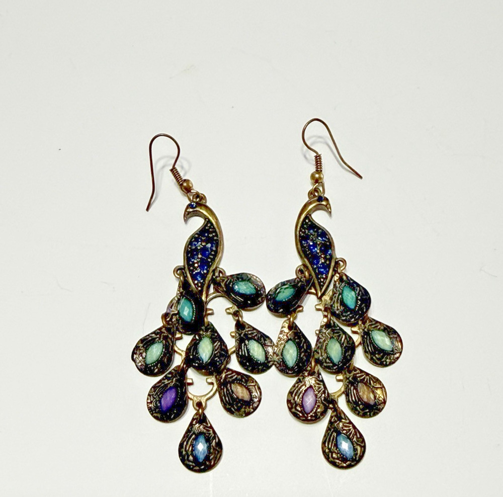 Pier 1 Peacock Dangle Earrings Antique Gold Tone Blue Green Purple Stones 3"